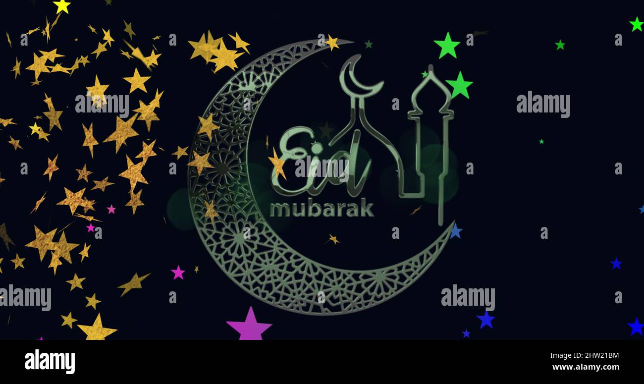 Image of eid mubarak logo and text over falling stars Stock Photo