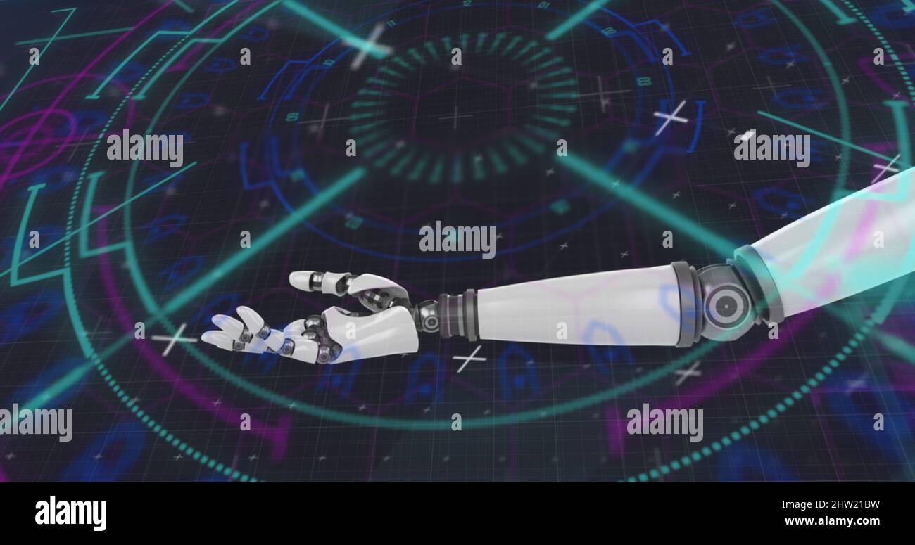 Image of robotic arm and scope scanning on black background Stock Photo