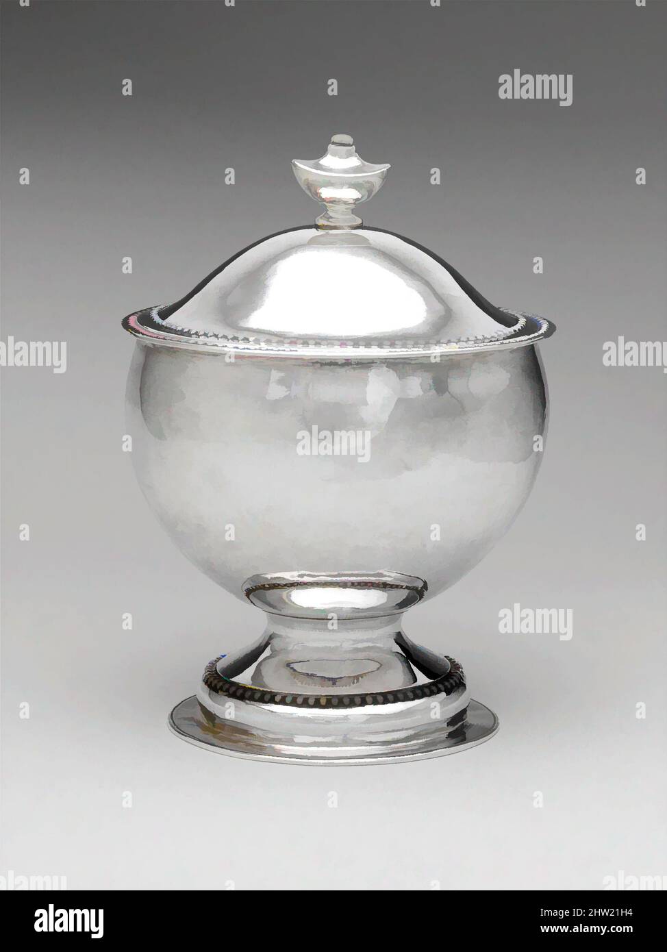 Art inspired by Sugar Bowl, ca. 1795, Made in Providence, Rhode Island, United States, American, Silver, Overall: 6 5/8 x 4 13/16 in. (16.8 x 12.2 cm); 16 oz. (497.1 g), Silver, David Vinton (1774–1833, Classic works modernized by Artotop with a splash of modernity. Shapes, color and value, eye-catching visual impact on art. Emotions through freedom of artworks in a contemporary way. A timeless message pursuing a wildly creative new direction. Artists turning to the digital medium and creating the Artotop NFT Stock Photo