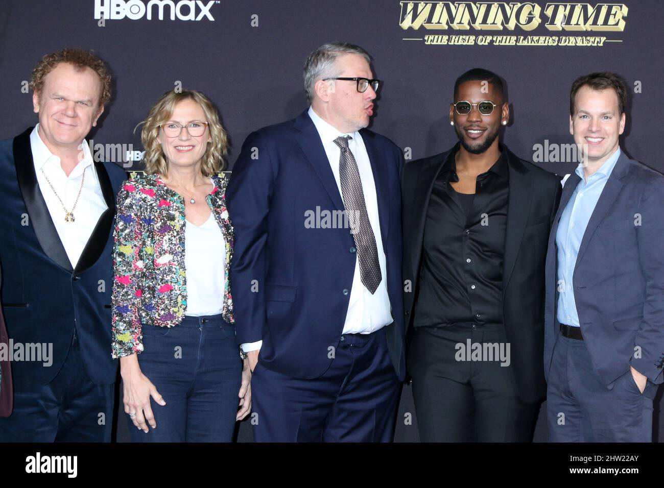 LOS ANGELES - MAR 2:  Max Borenstein, Adam McKay, John C. Reilly, Ann Sarnoff, Quincy Isaiah, Casey Bloys at the Winning Time - The Rise of The Lakers Dynasty LA Premiere at Ace Hotel on March 2, 2022  in Los Angeles, CA (Photo by Katrina Jordan/Sipa USA) Stock Photo