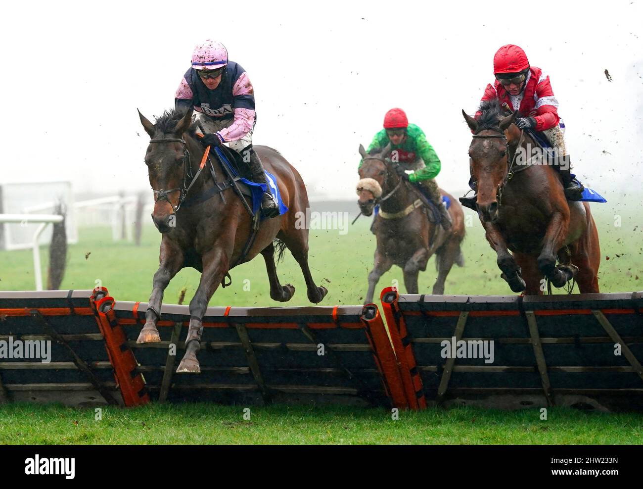 Come On Gruff ridden by jockey Jonathan Burke (left) on their way to winning the Wye Valley Brewery Novicesâ€™ Handicap Hurdle at Ludlow Racecourse. Picture date: Thursday March 3, 2022. Stock Photo