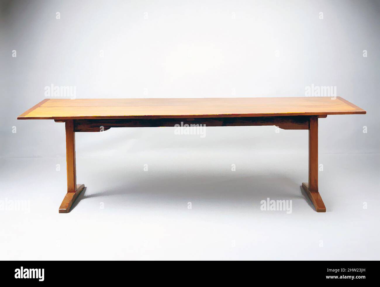 Art inspired by Dining Table, 1800–1825, Made in Hancock, Massachusetts, United States, American, Shaker, Pine, maple, basswood, 28 1/2 x 31 1/4 x 96 1/2 in. (72.4 x 79.4 x 245.1 cm), Furniture, Classic works modernized by Artotop with a splash of modernity. Shapes, color and value, eye-catching visual impact on art. Emotions through freedom of artworks in a contemporary way. A timeless message pursuing a wildly creative new direction. Artists turning to the digital medium and creating the Artotop NFT Stock Photo