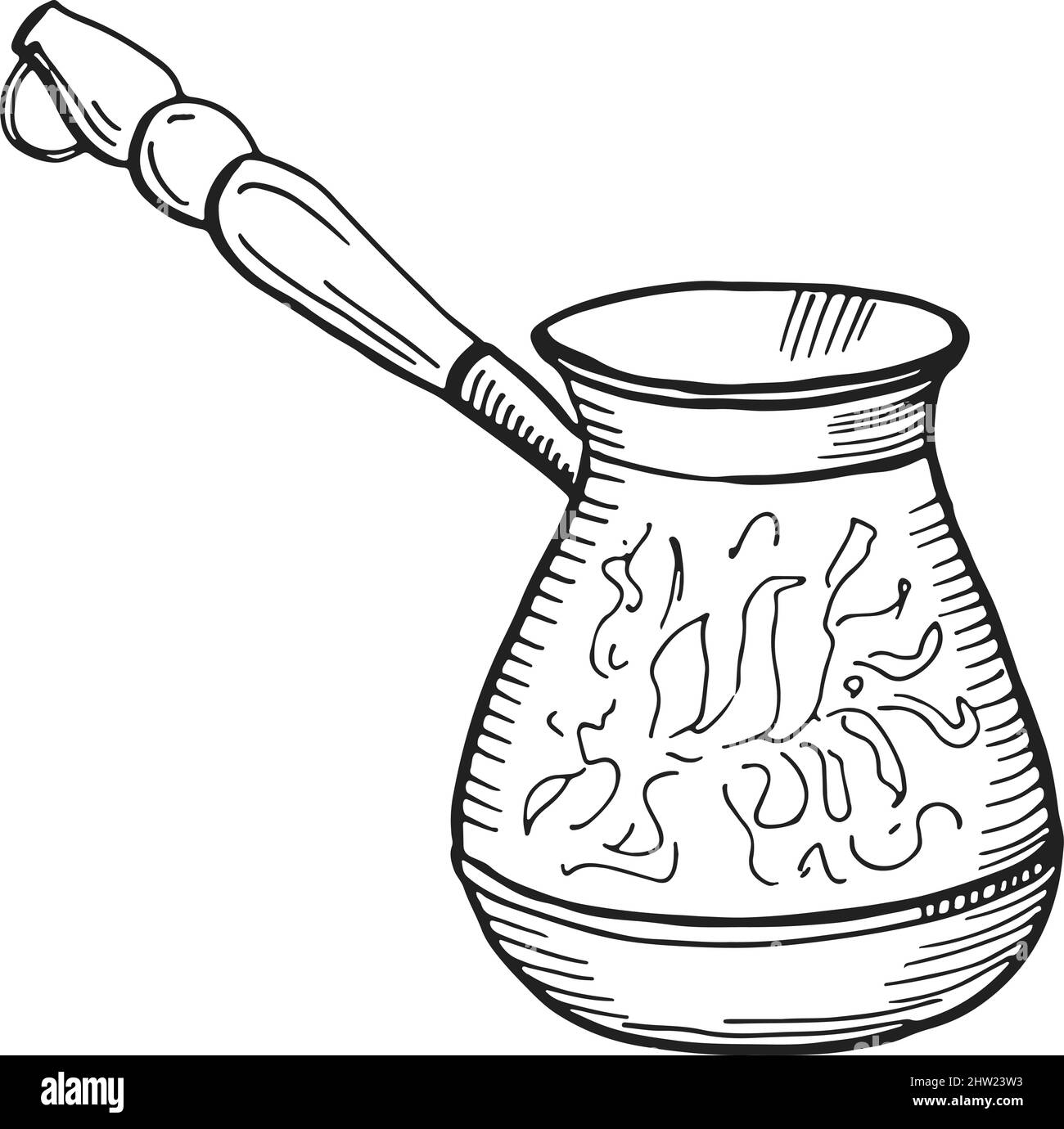 Metal cezve. Traditional turkish coffee making pot in hand drawn style