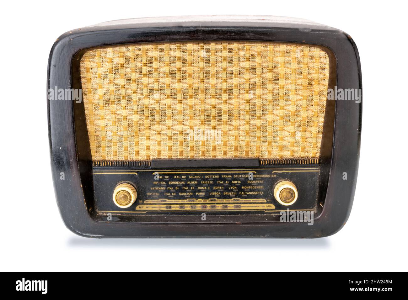 Vintage tube radio, or tuner of the postwar WW2, 1950s 20th century, isolated on white, clipping path Stock Photo