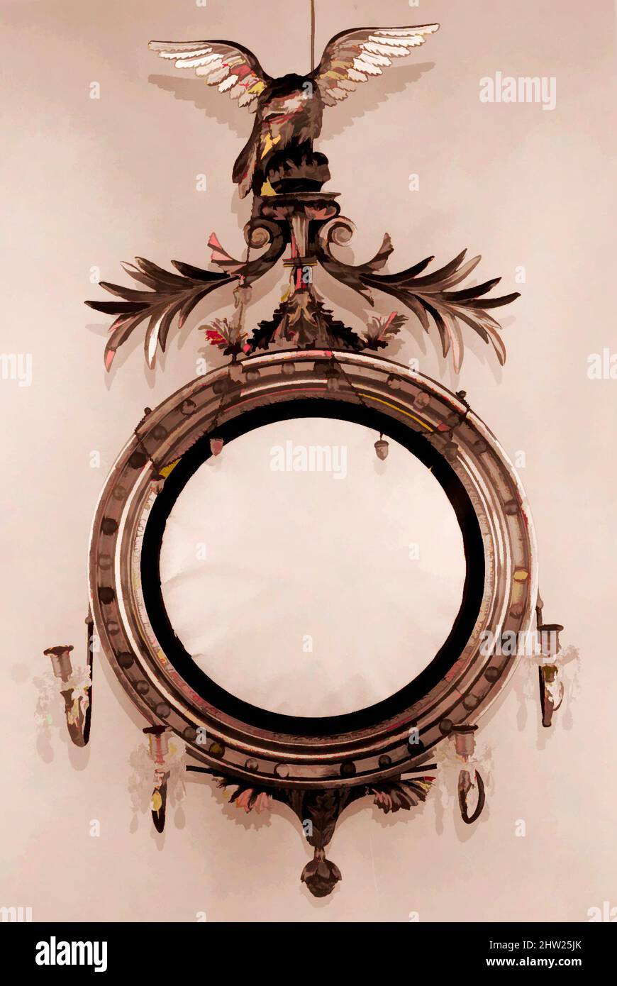 Art inspired by Girandole, 1815–20, Made in New York, New York, United States, American, Gilded gesso, mirror glass with white pine, H. 54 in. (137.2 cm); Diam. 28 in. (71.1 cm), Furniture, This girandole mirror and its mate were made for the Albany townhouse of Stephen Van Rensselaer, Classic works modernized by Artotop with a splash of modernity. Shapes, color and value, eye-catching visual impact on art. Emotions through freedom of artworks in a contemporary way. A timeless message pursuing a wildly creative new direction. Artists turning to the digital medium and creating the Artotop NFT Stock Photo