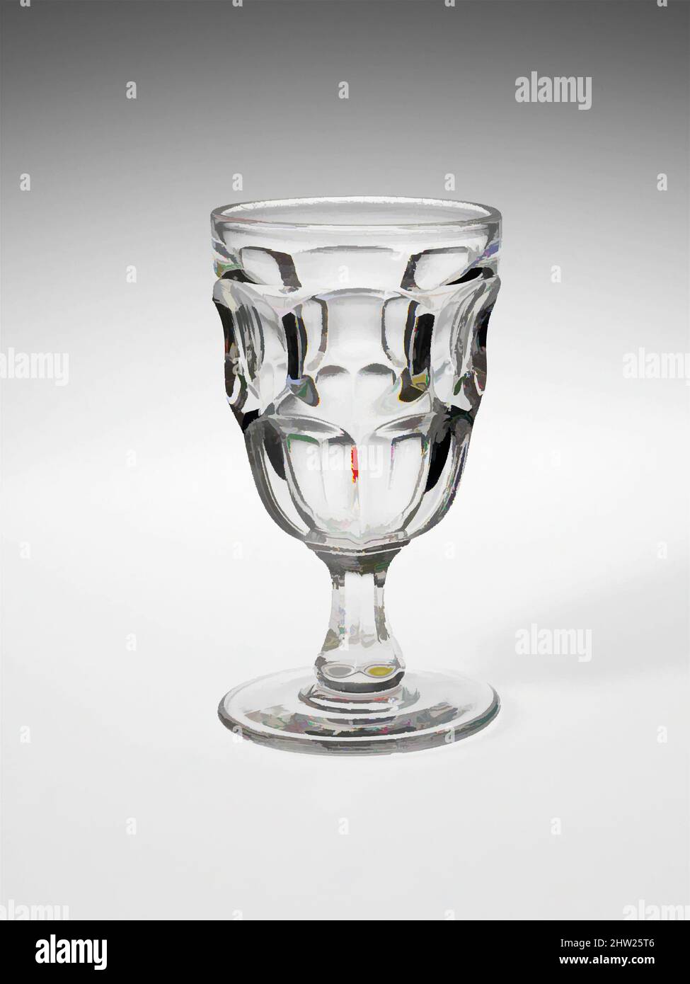 Art inspired by Goblet, 1830–70, Made in United States, American, Pressed glass, H. 6 in. (15.2 cm), Glass, With the development of new formulas and techniques, glass-pressing technology had improved markedly by the late 1840s. By this time, pressed tablewares were being produced in, Classic works modernized by Artotop with a splash of modernity. Shapes, color and value, eye-catching visual impact on art. Emotions through freedom of artworks in a contemporary way. A timeless message pursuing a wildly creative new direction. Artists turning to the digital medium and creating the Artotop NFT Stock Photo