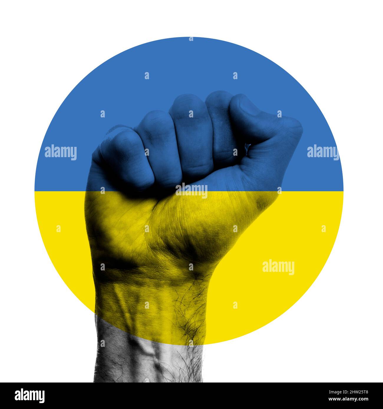 Ukraine flag circle emblem over a clenched fist. Strength, Power, Protest concept Stock Photo