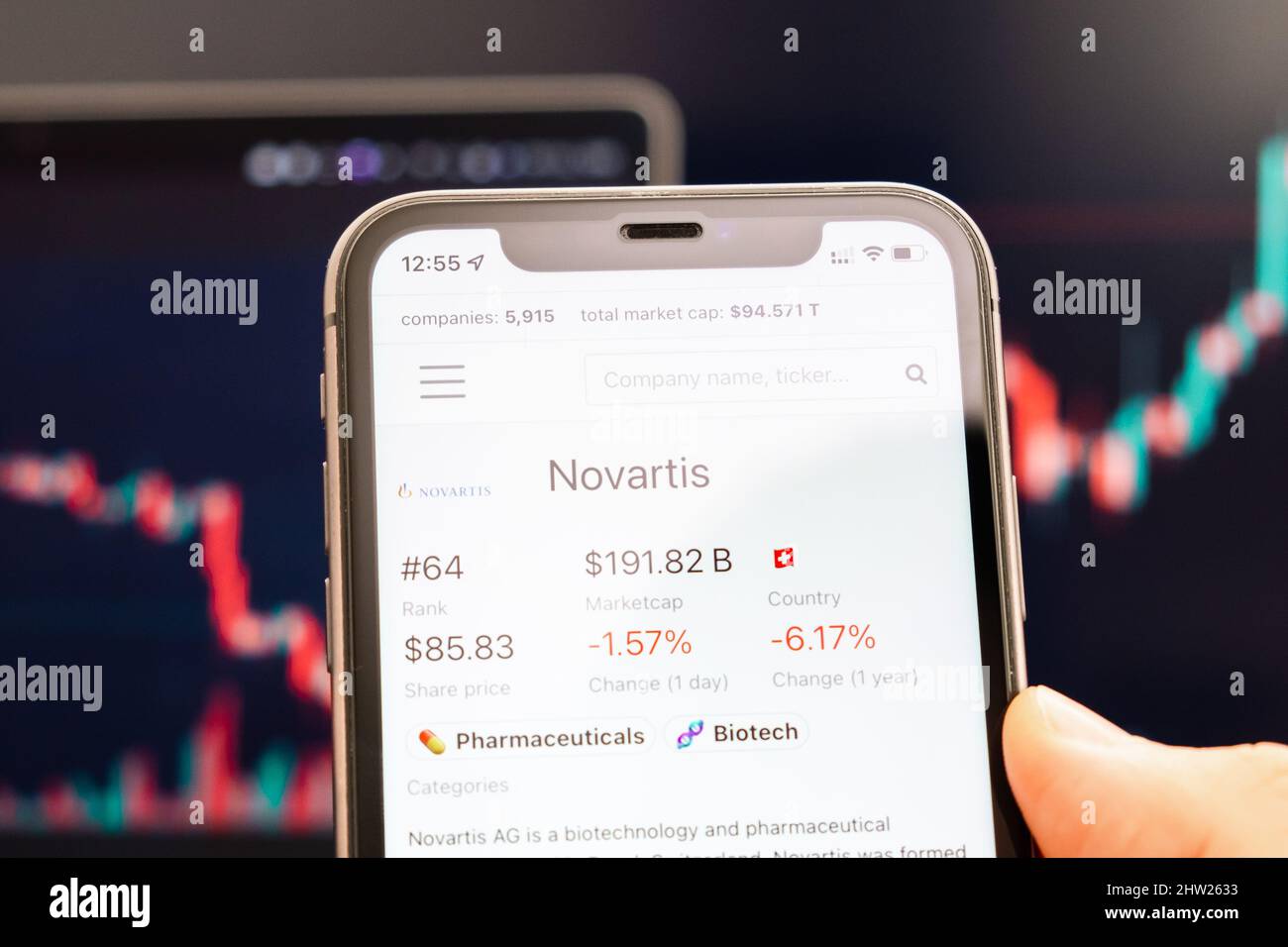 Novartis stock price on the screen of cell phone in mans hand with changing stock market exchange with trading candlestick graph analysis, February 2022, San Francisco, USA Stock Photo