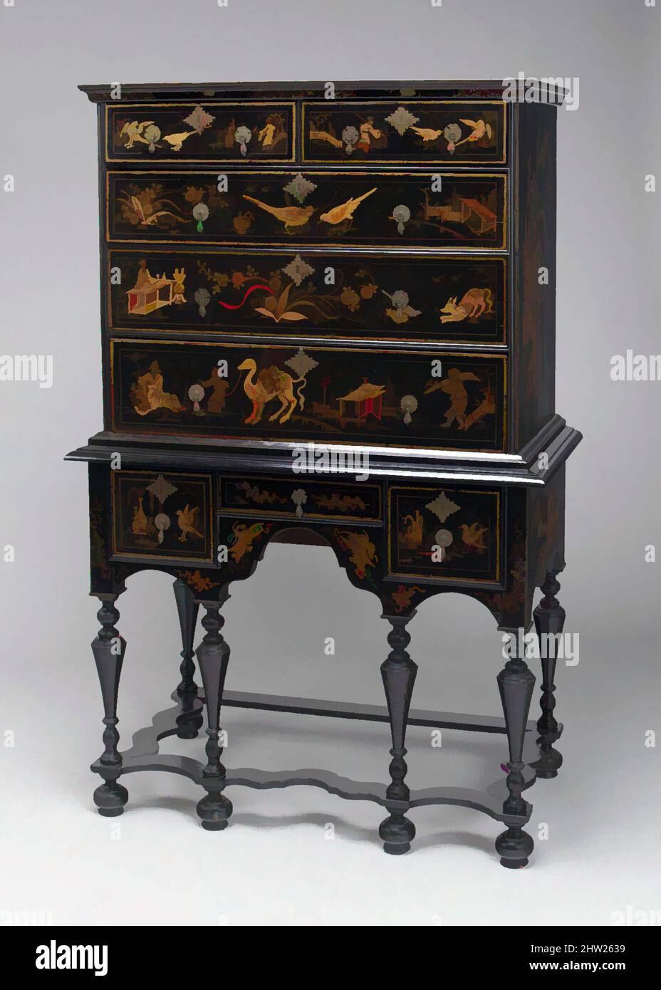 Art inspired by High chest of drawers, 1710–30, Made in Boston, Massachusetts, United States, American, Japanned soft maple, poplar, white pine, 62 1/2 x 39 1/2 x 21 1/4 in. (158.8 x 100.3 x 54 cm), Furniture, Japanning, a Western imitation of oriental lacquerwork, became fashionable, Classic works modernized by Artotop with a splash of modernity. Shapes, color and value, eye-catching visual impact on art. Emotions through freedom of artworks in a contemporary way. A timeless message pursuing a wildly creative new direction. Artists turning to the digital medium and creating the Artotop NFT Stock Photo