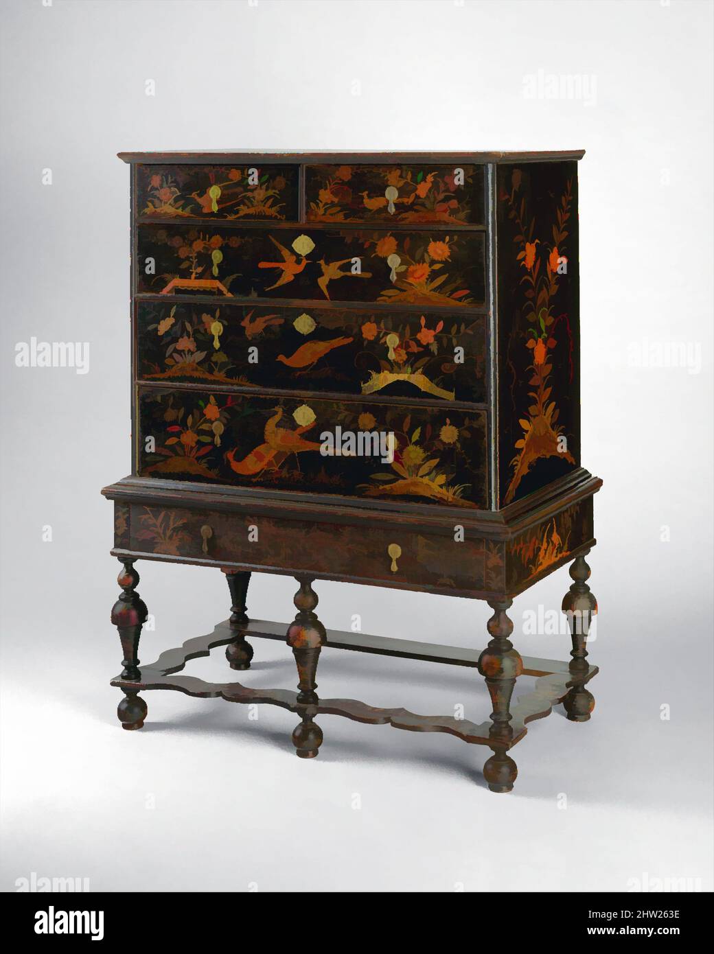 Art inspired by High chest of drawers, 1710–25, Probably made in Boston, Massachusetts, United States, American, Painted white pine, poplar, basswood, 52 x 39 1/2 x 21 3/4 in. (132.1 x 100.3 x 55.2 cm), Furniture, The decoration on this chest, with its oriental motifs and palette of, Classic works modernized by Artotop with a splash of modernity. Shapes, color and value, eye-catching visual impact on art. Emotions through freedom of artworks in a contemporary way. A timeless message pursuing a wildly creative new direction. Artists turning to the digital medium and creating the Artotop NFT Stock Photo