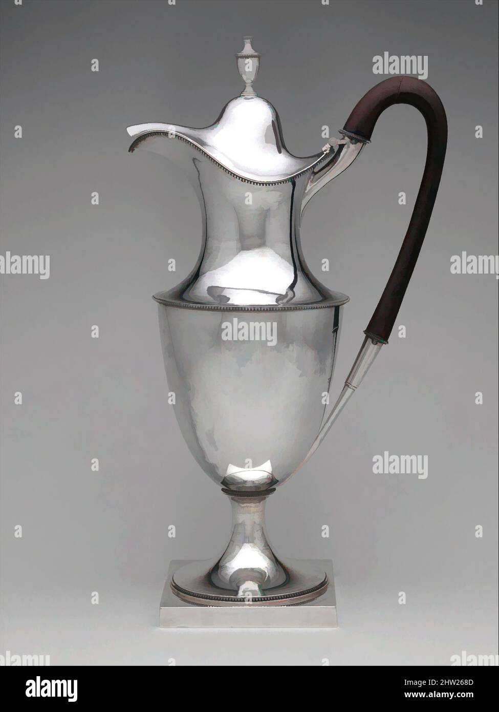 Art inspired by Hot Water Pot, 1791–93, Made in New York, New York, United States, American, Silver, Overall: 14 13/16 x 8 1/4 x 5 in. (37.6 x 21 x 12.7 cm); 35 oz. 17 dwt. (1115.4 g), Silver, Van Voorhis & Schanck (active ca. 1791–93), Daniel Van Voorhis (1751–1824), Garret Schanck (, Classic works modernized by Artotop with a splash of modernity. Shapes, color and value, eye-catching visual impact on art. Emotions through freedom of artworks in a contemporary way. A timeless message pursuing a wildly creative new direction. Artists turning to the digital medium and creating the Artotop NFT Stock Photo