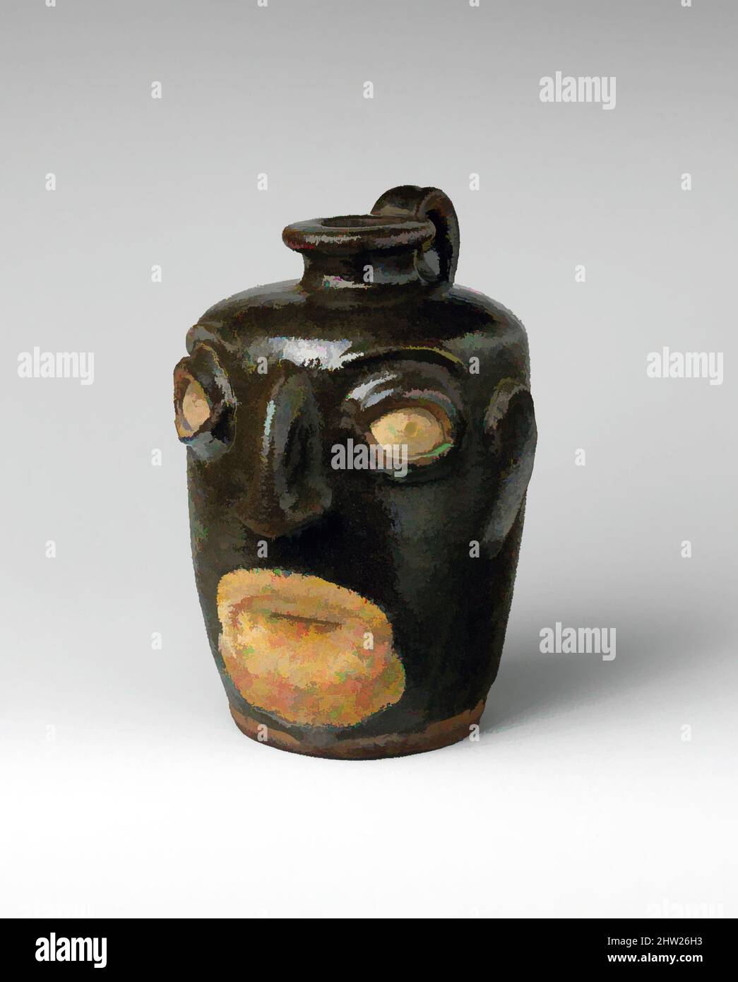 Art inspired by Face Jug, ca. 1860–70, Made in Edgefield District, South Carolina, United States, American, Alkaline-glazed stoneware, 7 x 5 x 5 1/2 in. (17.8 x 12.7 x 14 cm), Ceramics, John Lewis Miles Pottery (1868–75), Face jugs were made by African American slaves and freedmen, Classic works modernized by Artotop with a splash of modernity. Shapes, color and value, eye-catching visual impact on art. Emotions through freedom of artworks in a contemporary way. A timeless message pursuing a wildly creative new direction. Artists turning to the digital medium and creating the Artotop NFT Stock Photo