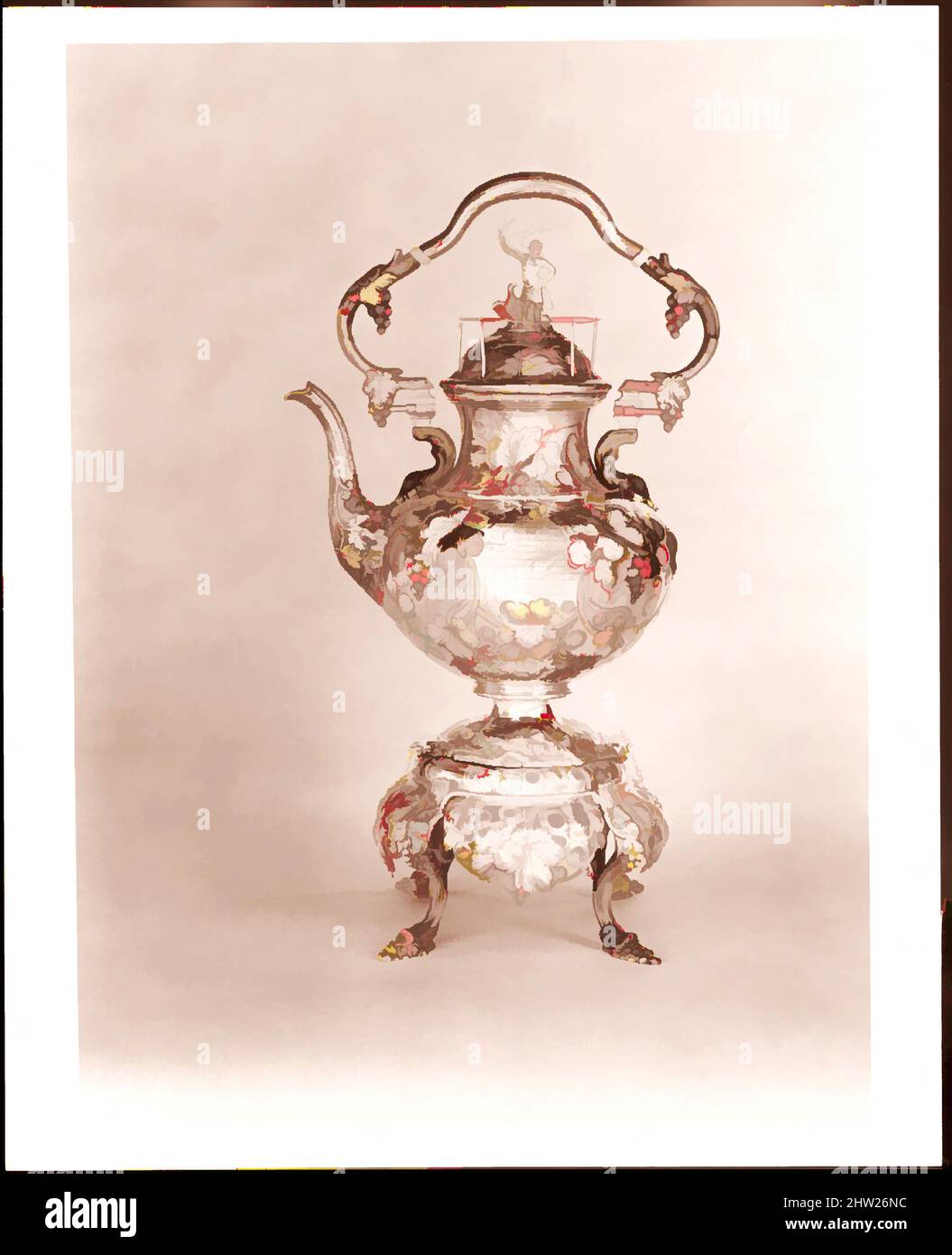 Art inspired by Teakettle, 1850, Made in New York, New York, United States, American, Silver, Overall: 17 3/16 x 9 3/4 x 8 9/16 in. (43.7 x 24.8 x 21.7 cm); 75 oz. 12 dwt., Silver, John C. Moore (ca. 1802–1874), In 1850, Marshall Lefferts, president of the New York and New England and, Classic works modernized by Artotop with a splash of modernity. Shapes, color and value, eye-catching visual impact on art. Emotions through freedom of artworks in a contemporary way. A timeless message pursuing a wildly creative new direction. Artists turning to the digital medium and creating the Artotop NFT Stock Photo