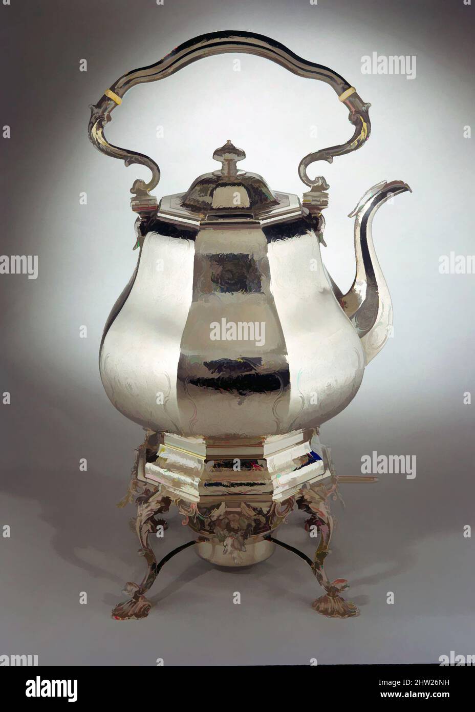 Art inspired by Teakettle, ca. 1840, Made in New York, New York, United States, American, Silver and ivory, Overall: 15 3/4 x 9 5/16 in. (40 x 23.7 cm); 68 oz. 4 dwt. (2120.7 g), Silver, William Forbes (baptized 1799, active New York, 1826–63, Classic works modernized by Artotop with a splash of modernity. Shapes, color and value, eye-catching visual impact on art. Emotions through freedom of artworks in a contemporary way. A timeless message pursuing a wildly creative new direction. Artists turning to the digital medium and creating the Artotop NFT Stock Photo