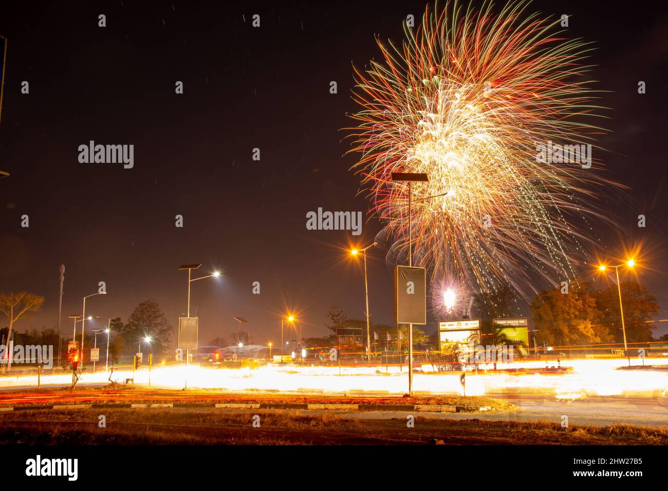 Beautiful colorful fireworks in Harare, Zimbabwe after the Harare Agricultural Show at night Stock Photo
