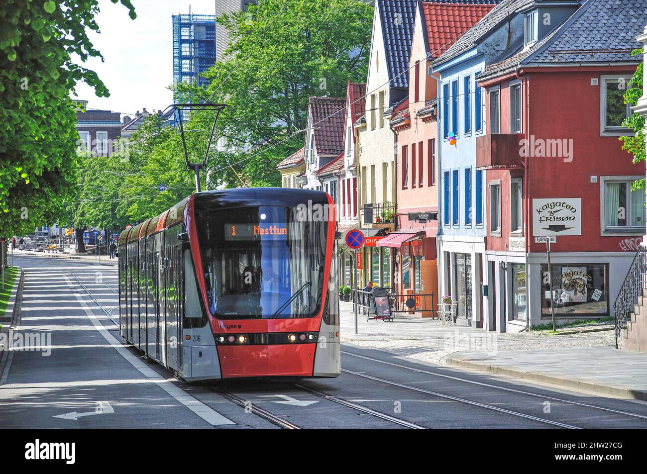 City tram on Kaigaten, Bergen, Hordaland County, Vestlandet Region, Norway Stock Photo