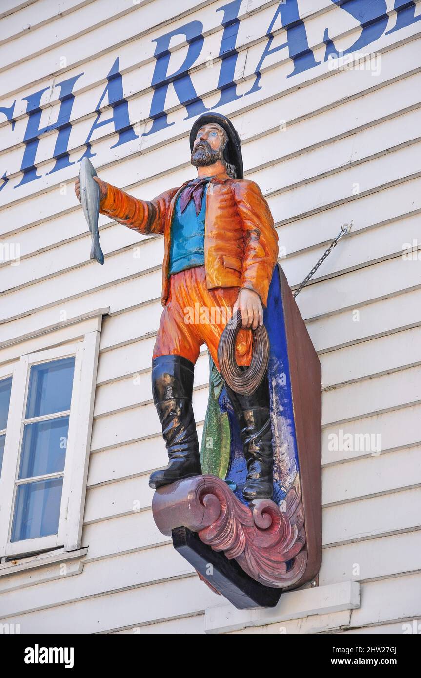 Wooden fisherman statue at Bergen Fish Market, Bergen, Hordaland County, Vestlandet Region, Norway Stock Photo