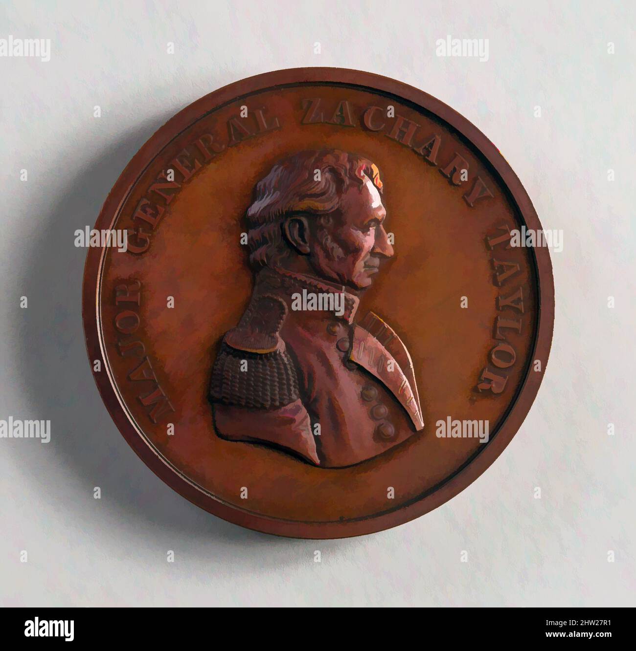 Art inspired by Medal of Major General Z. Taylor, 1847, Bronze, Diam. 2 1/2 in. (6.4 cm), Metal, Classic works modernized by Artotop with a splash of modernity. Shapes, color and value, eye-catching visual impact on art. Emotions through freedom of artworks in a contemporary way. A timeless message pursuing a wildly creative new direction. Artists turning to the digital medium and creating the Artotop NFT Stock Photo