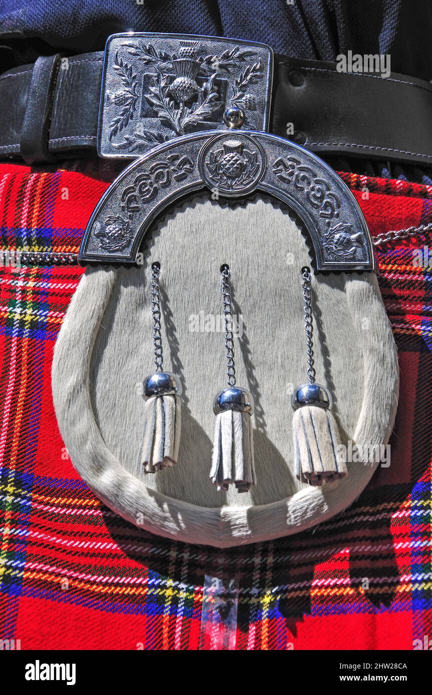 A Sporran and Highland dress on sale, Old Town, Edinburgh, Lothian, Scotland, United Kingdom Stock Photo