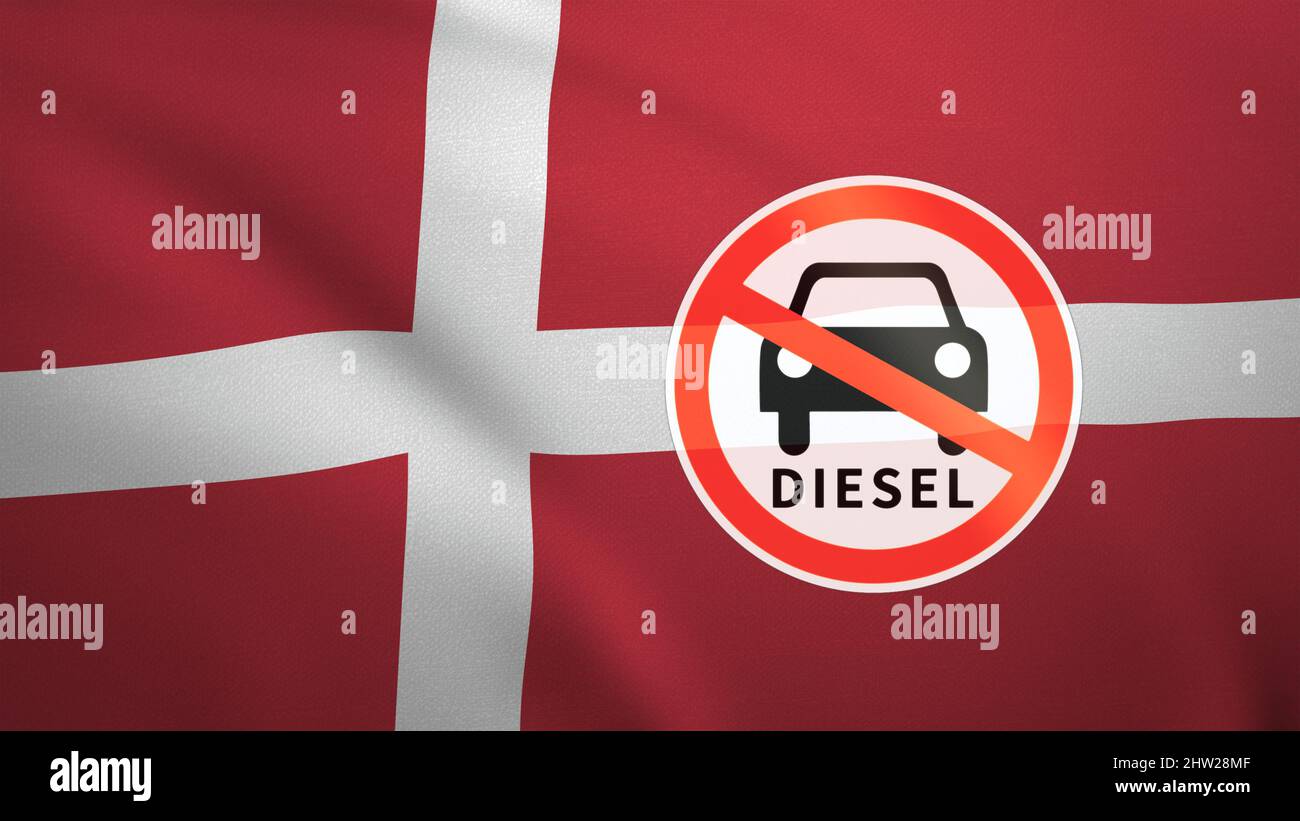 Flag of Denmark with the sign of Diesel fuel ban. CO2 regulation of emissions. 3D illustration Stock Photo