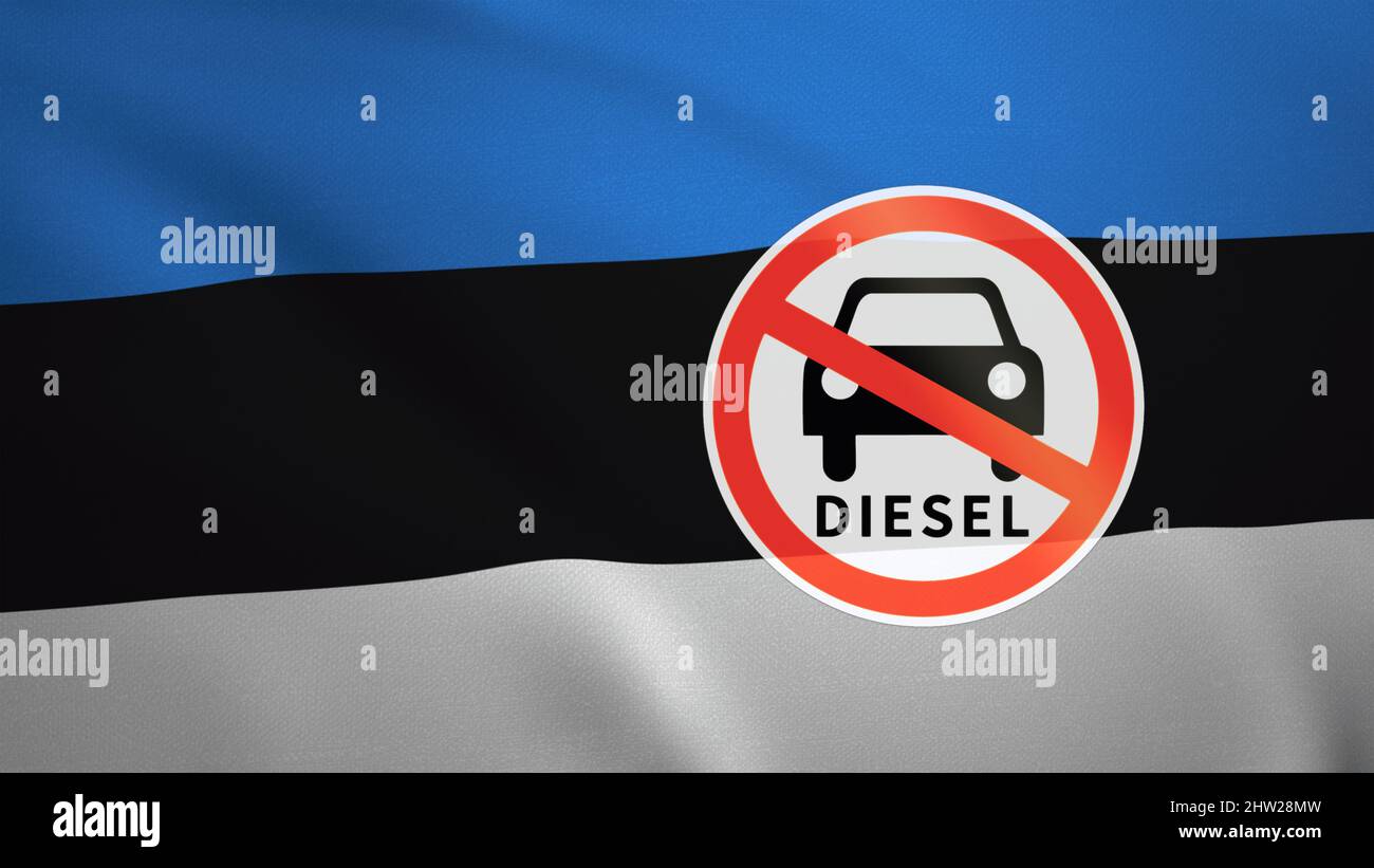 Flag of Estonia with the sign of Diesel fuel ban. CO2 regulation of