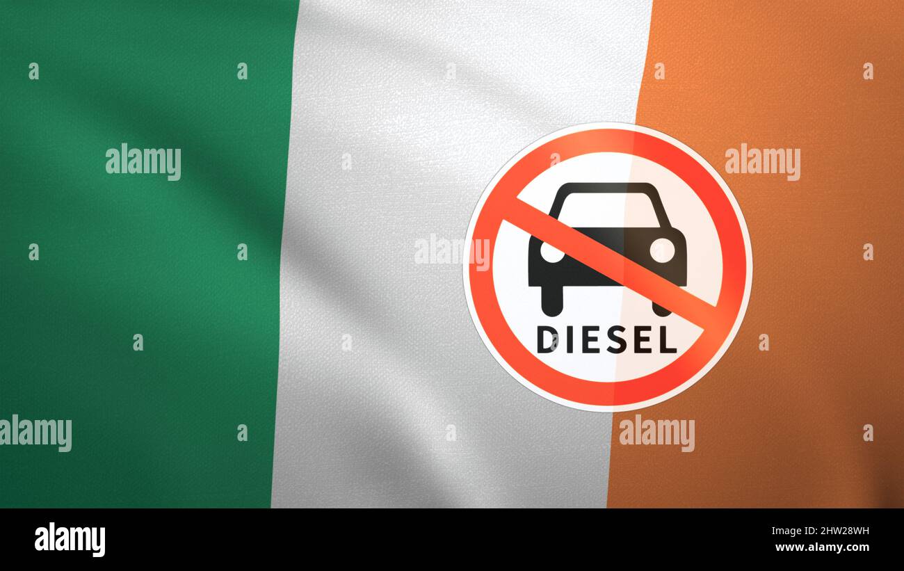 Flag of Ireland with the sign of Diesel fuel ban. CO2 regulation of