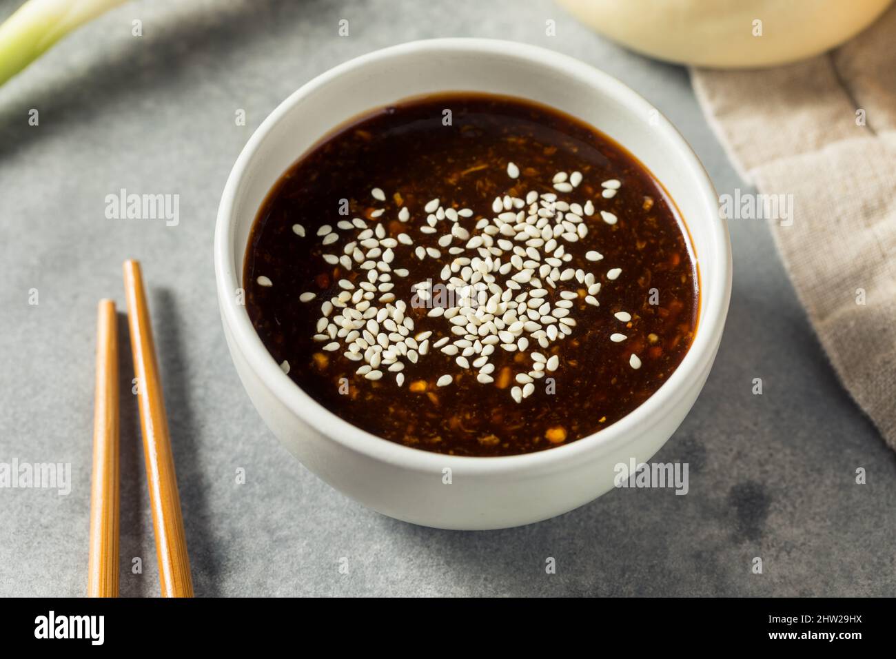 Savory Homemade Chinese Dipping Sauce with Soy and Sesame Stock Photo