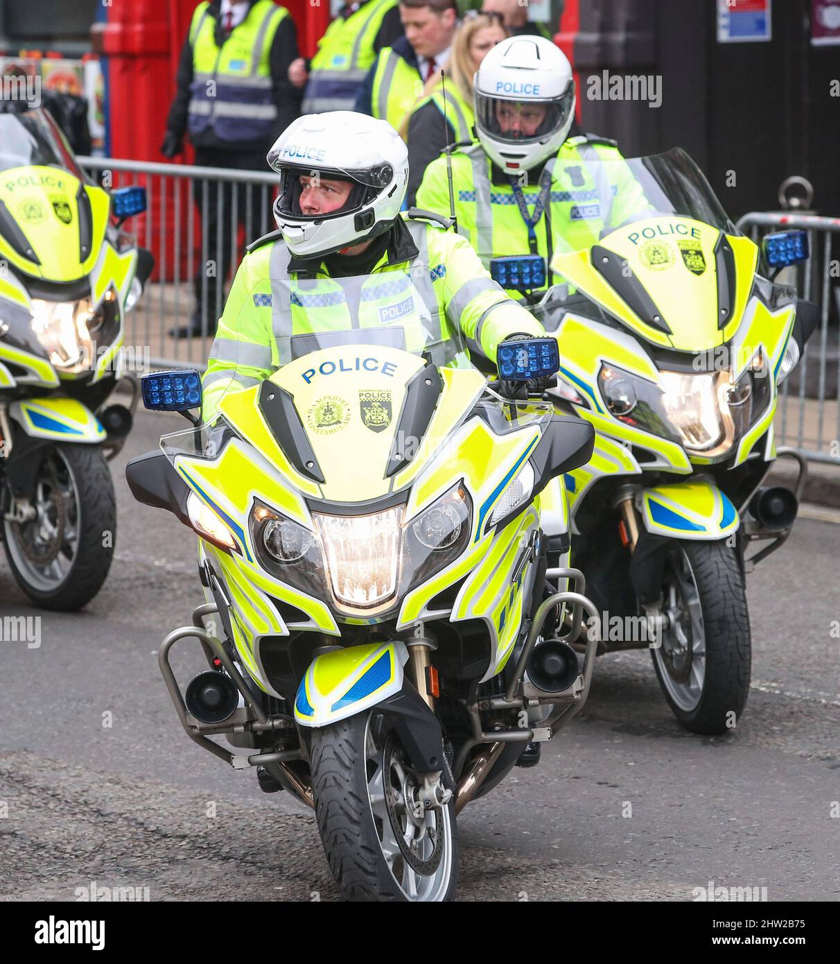 Hampshire constabulary and Thames Valley police officers on motor bikes. Stock Photo