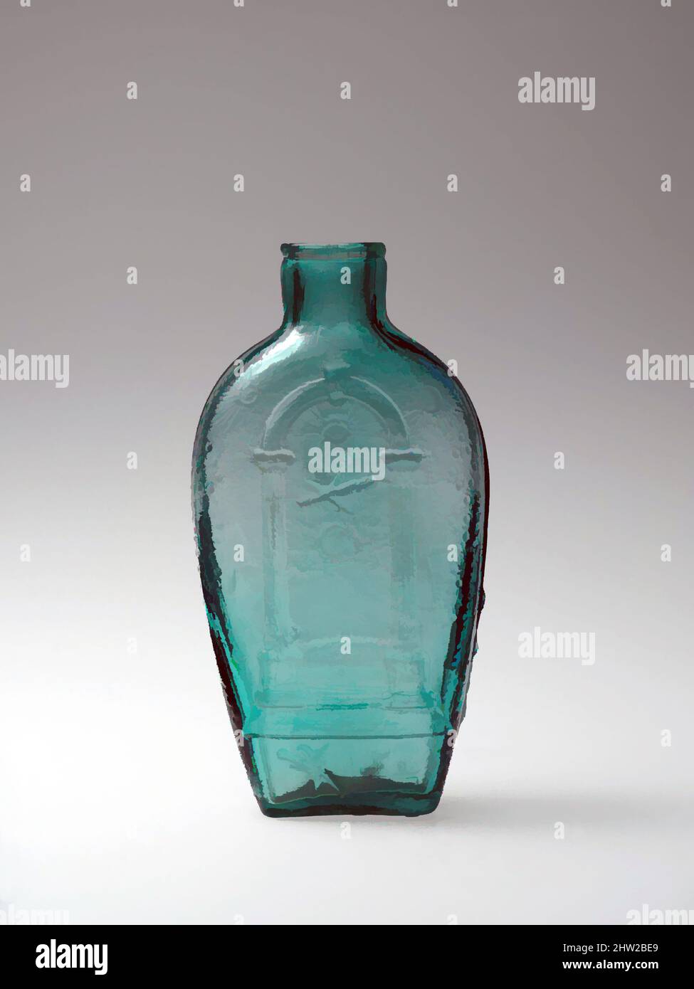 Art inspired by Figured flask, 1820–30, Made in United States, American, Blown-molded glass, H. 6 5/8 in. (16.8 cm), Glass, Classic works modernized by Artotop with a splash of modernity. Shapes, color and value, eye-catching visual impact on art. Emotions through freedom of artworks in a contemporary way. A timeless message pursuing a wildly creative new direction. Artists turning to the digital medium and creating the Artotop NFT Stock Photo