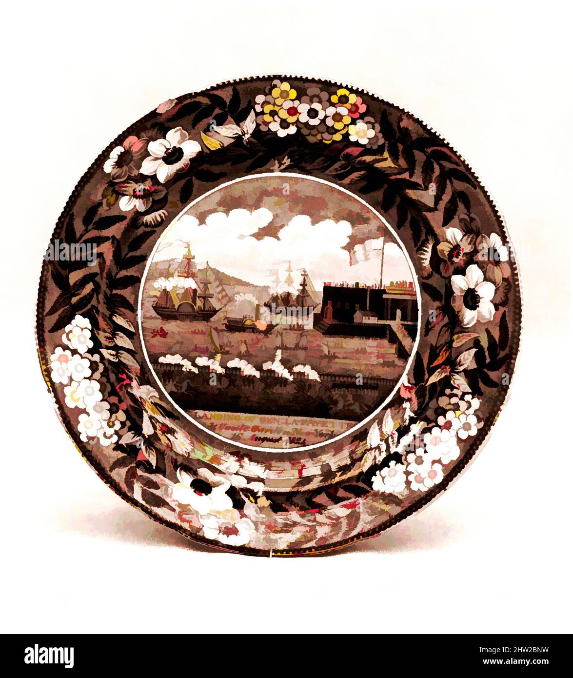 Art inspired by Plate, ca. 1824–34, Made in Staffordshire, Stoke-on-Trent, England, British (American market), Earthenware, transfer-printed, Diam. 10 in. (25.4 cm), Ceramics, James and Ralph Clews (British, Cobridge, Stoke-on-Trent, active ca. 1818–36), This blue and white transfer-, Classic works modernized by Artotop with a splash of modernity. Shapes, color and value, eye-catching visual impact on art. Emotions through freedom of artworks in a contemporary way. A timeless message pursuing a wildly creative new direction. Artists turning to the digital medium and creating the Artotop NFT Stock Photo
