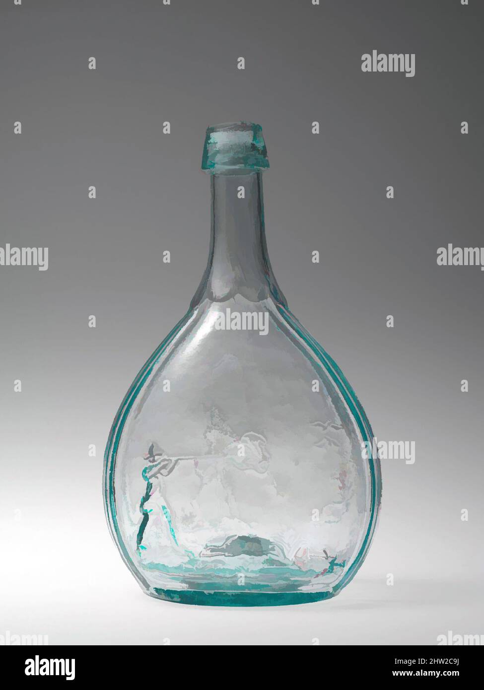 Art inspired by Figured bottle, 1850–60, Made in United States, American, Blown-molded glass, H. 9 1/4 in. (23.5 cm), Glass, Classic works modernized by Artotop with a splash of modernity. Shapes, color and value, eye-catching visual impact on art. Emotions through freedom of artworks in a contemporary way. A timeless message pursuing a wildly creative new direction. Artists turning to the digital medium and creating the Artotop NFT Stock Photo