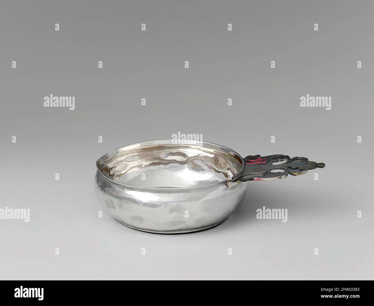 Art inspired by Porringer, 1726–50, Made in Boston, Massachusetts, United States, American, Silver, Overall: 1 11/16 x 7 7/16 in. (4.3 x 18.9 cm); 7 oz. 3 dwt. (222.7 g), Silver, Samuel Edwards (1705–1762, Classic works modernized by Artotop with a splash of modernity. Shapes, color and value, eye-catching visual impact on art. Emotions through freedom of artworks in a contemporary way. A timeless message pursuing a wildly creative new direction. Artists turning to the digital medium and creating the Artotop NFT Stock Photo