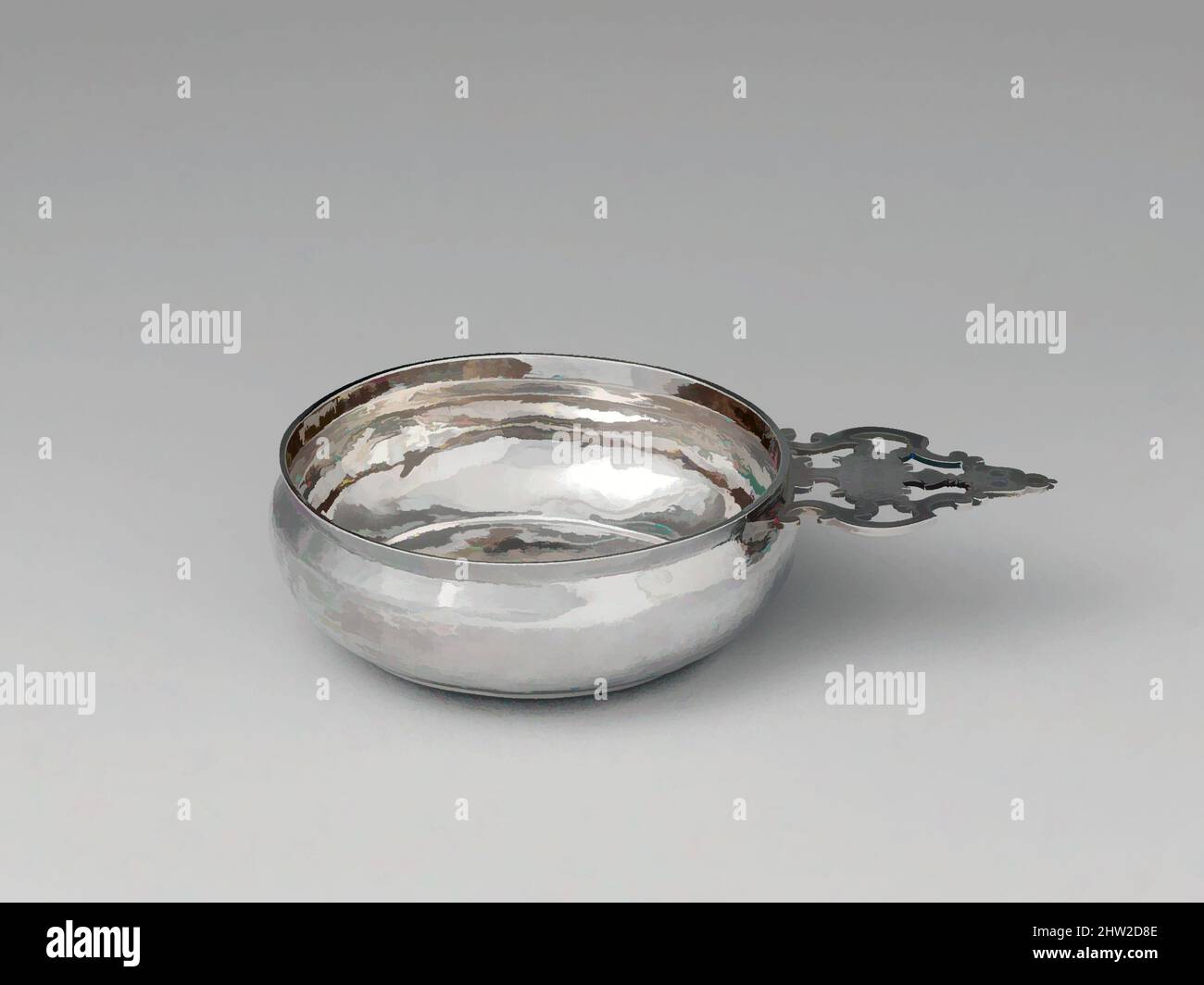 Art inspired by Porringer, 1715–30, Made in Boston, Massachusetts, United States, American, Silver, Overall: 1 13/16 x 7 5/8 in. (4.6 x 19.4 cm); 7 oz. 4 dwt. (224.1 g), Silver, William Cowell Sr. (1682/83–1736, Classic works modernized by Artotop with a splash of modernity. Shapes, color and value, eye-catching visual impact on art. Emotions through freedom of artworks in a contemporary way. A timeless message pursuing a wildly creative new direction. Artists turning to the digital medium and creating the Artotop NFT Stock Photo