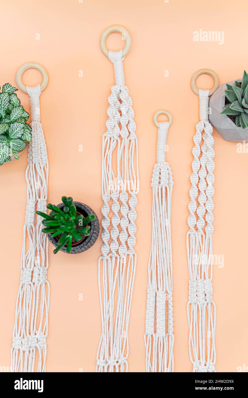 Vertical shot of different designs of macrame plant hangers on a plain ...