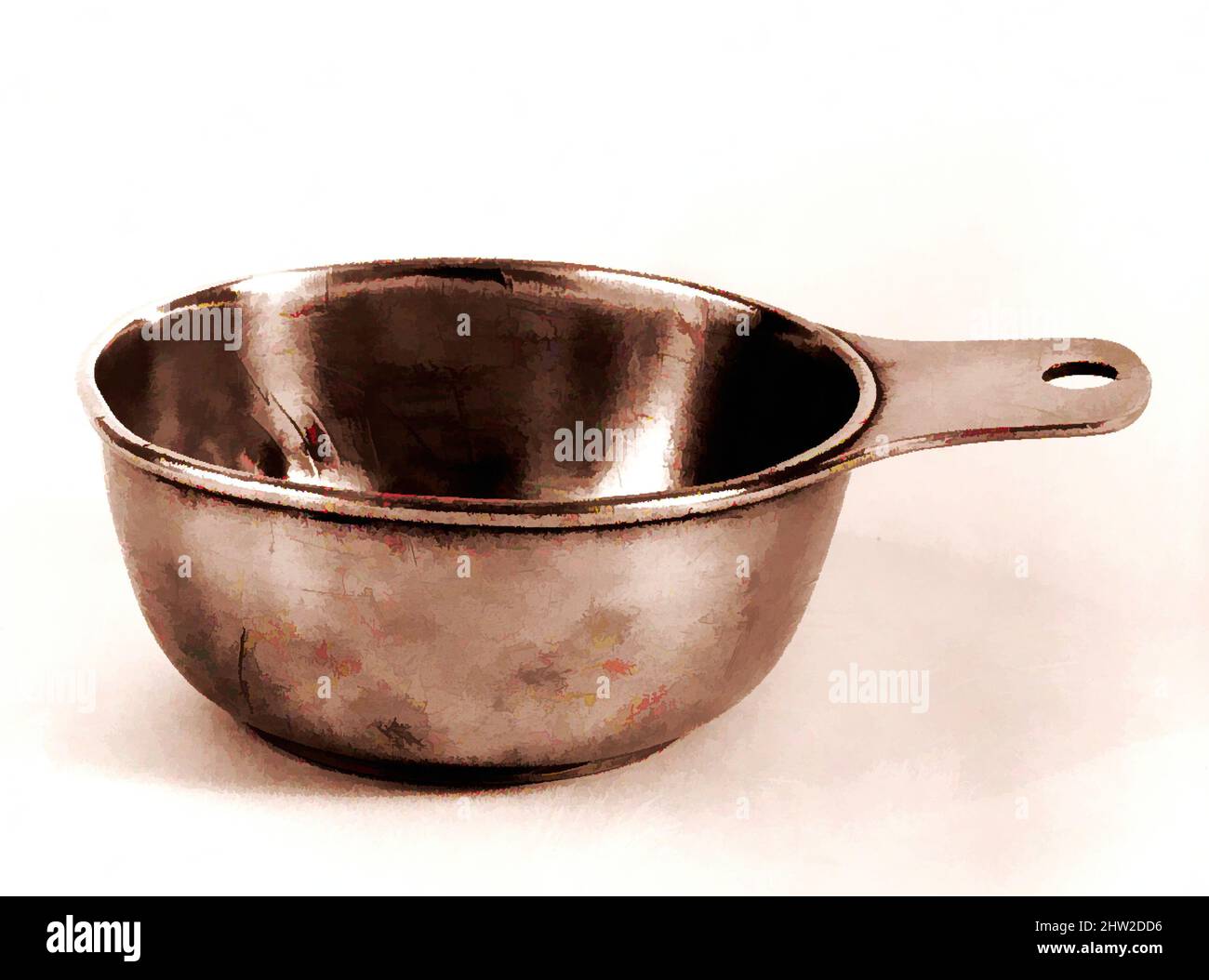 Art inspired by Porringer, ca. 1800, Made in Westtown, Pennsylvania, United States, American, Pewter, 2 3/8 x 7 1/8 x 5 3/8 in. (6 x 18.1 x 13.7 cm), Metal, Possibly Samuel Pennock (1754–ca3, Classic works modernized by Artotop with a splash of modernity. Shapes, color and value, eye-catching visual impact on art. Emotions through freedom of artworks in a contemporary way. A timeless message pursuing a wildly creative new direction. Artists turning to the digital medium and creating the Artotop NFT Stock Photo