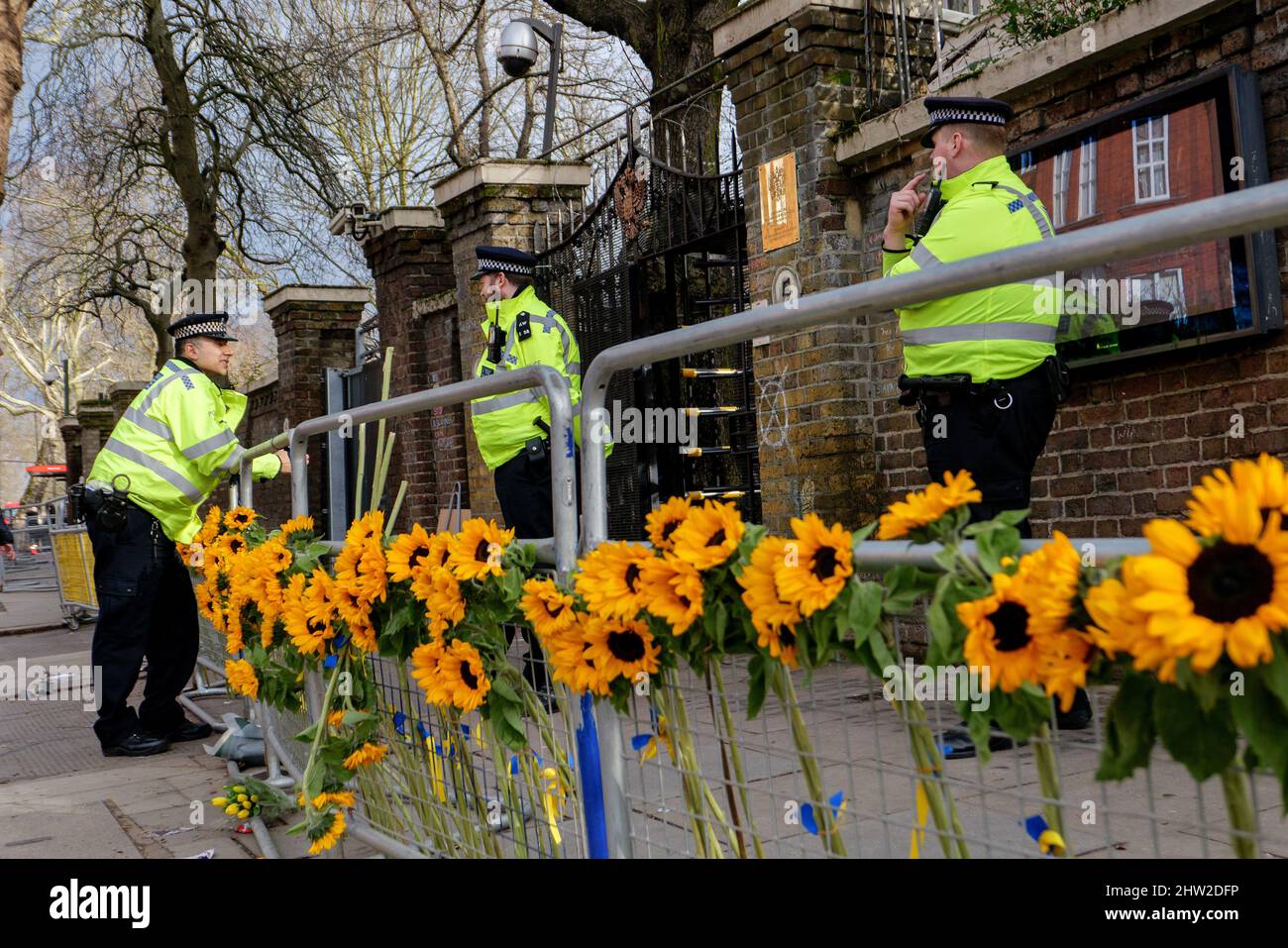 London, England. 3rd March 2022. Police outside the Russian Embassy following the Russian war in Ukraine. Russia invaded neighbour Ukraine on the 24th February 2022, since the invasion, there has been a global condemnation of the war. Credit: SMP News / Alamy Live News Stock Photo