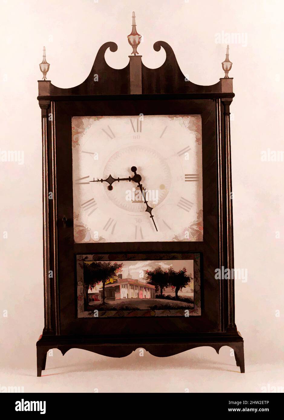 Art inspired by Shelf Clock, ca. 1820, Made in Plymouth, Connecticut, United States, American, Mahogany, maple, white pine, 27 7/8 x 15 3/4 x 3 3/4 in. (70.8 x 40 x 9.5 cm), Furniture, Seth Thomas (1785–1859, Classic works modernized by Artotop with a splash of modernity. Shapes, color and value, eye-catching visual impact on art. Emotions through freedom of artworks in a contemporary way. A timeless message pursuing a wildly creative new direction. Artists turning to the digital medium and creating the Artotop NFT Stock Photo