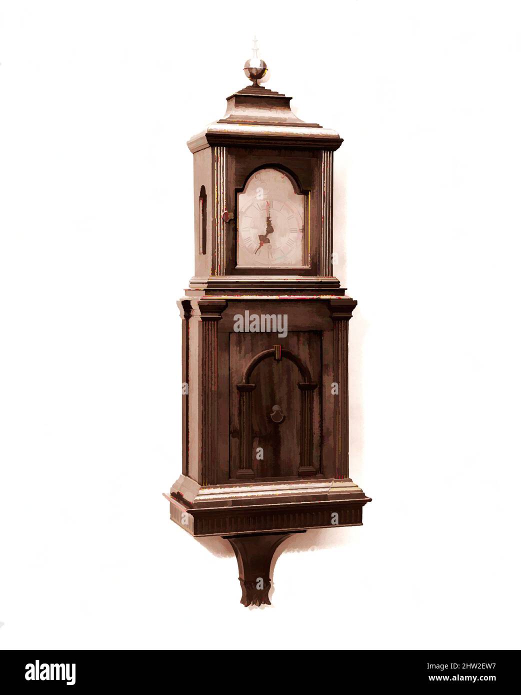 Art inspired by Shelf Clock, 1792–1800, Made in Newburyport, Massachusetts, United States, American, Mahogany, mahogany veneer, white pine, 31 1/2 x 12 1/4 x 6 1/4 in. (80 x 31.1 x 15.9 cm), Furniture, David Wood (1766–ca. 1850, Classic works modernized by Artotop with a splash of modernity. Shapes, color and value, eye-catching visual impact on art. Emotions through freedom of artworks in a contemporary way. A timeless message pursuing a wildly creative new direction. Artists turning to the digital medium and creating the Artotop NFT Stock Photo