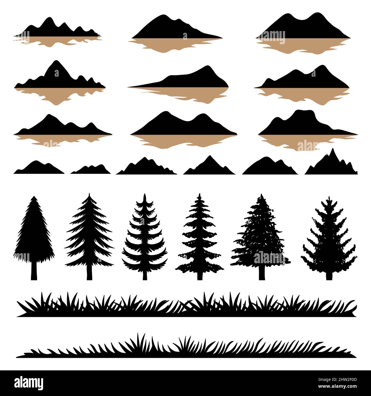 Mountain and tree slihouette set collection Stock Vector