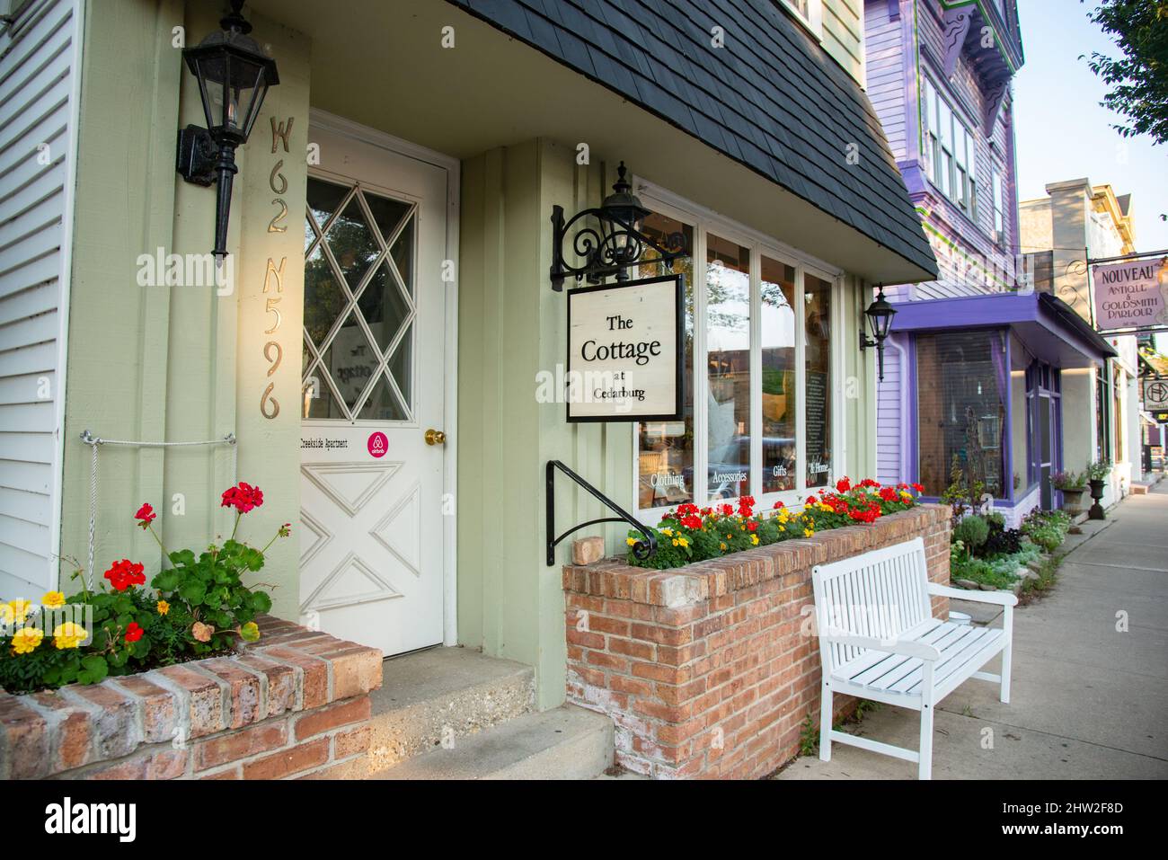 Streets and stores of Cedarburg, Wisconsin, USA. Cedarburg is a city in Ozaukee County