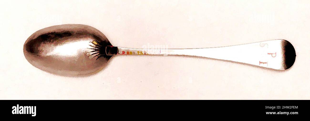 Art inspired by Spoon, 1750–70, Made in Newport, Rhode Island, United States, American, Silver, L. 4 3/4 in. (12.1 cm), Silver, Probably Benjamin Brenton (1710–1766, Classic works modernized by Artotop with a splash of modernity. Shapes, color and value, eye-catching visual impact on art. Emotions through freedom of artworks in a contemporary way. A timeless message pursuing a wildly creative new direction. Artists turning to the digital medium and creating the Artotop NFT Stock Photo