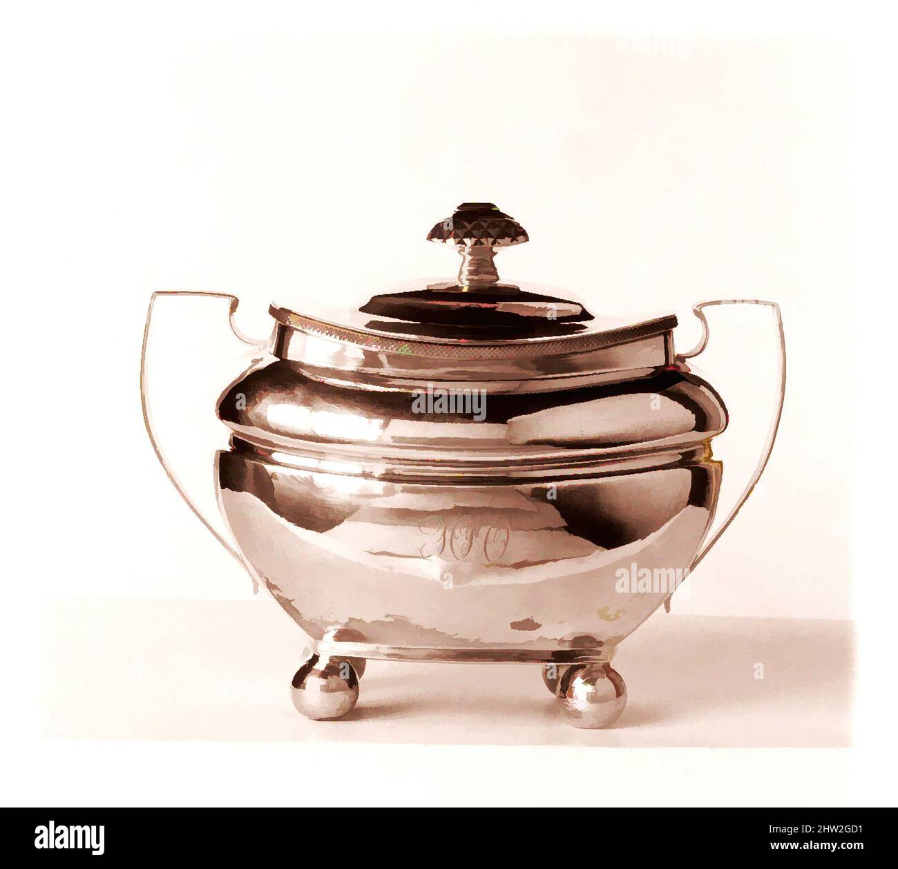Art inspired by Sugar Bowl, ca. 1810, Made in New York, New York, United States, American, Silver, Overall: 6 1/4 x 8 x 4 15/16 in. (15.9 x 20.3 x 12.5 cm); 14 oz. 17 dwt. (462.6 g), Silver, Garret Forbes (1785–1851, Classic works modernized by Artotop with a splash of modernity. Shapes, color and value, eye-catching visual impact on art. Emotions through freedom of artworks in a contemporary way. A timeless message pursuing a wildly creative new direction. Artists turning to the digital medium and creating the Artotop NFT Stock Photo