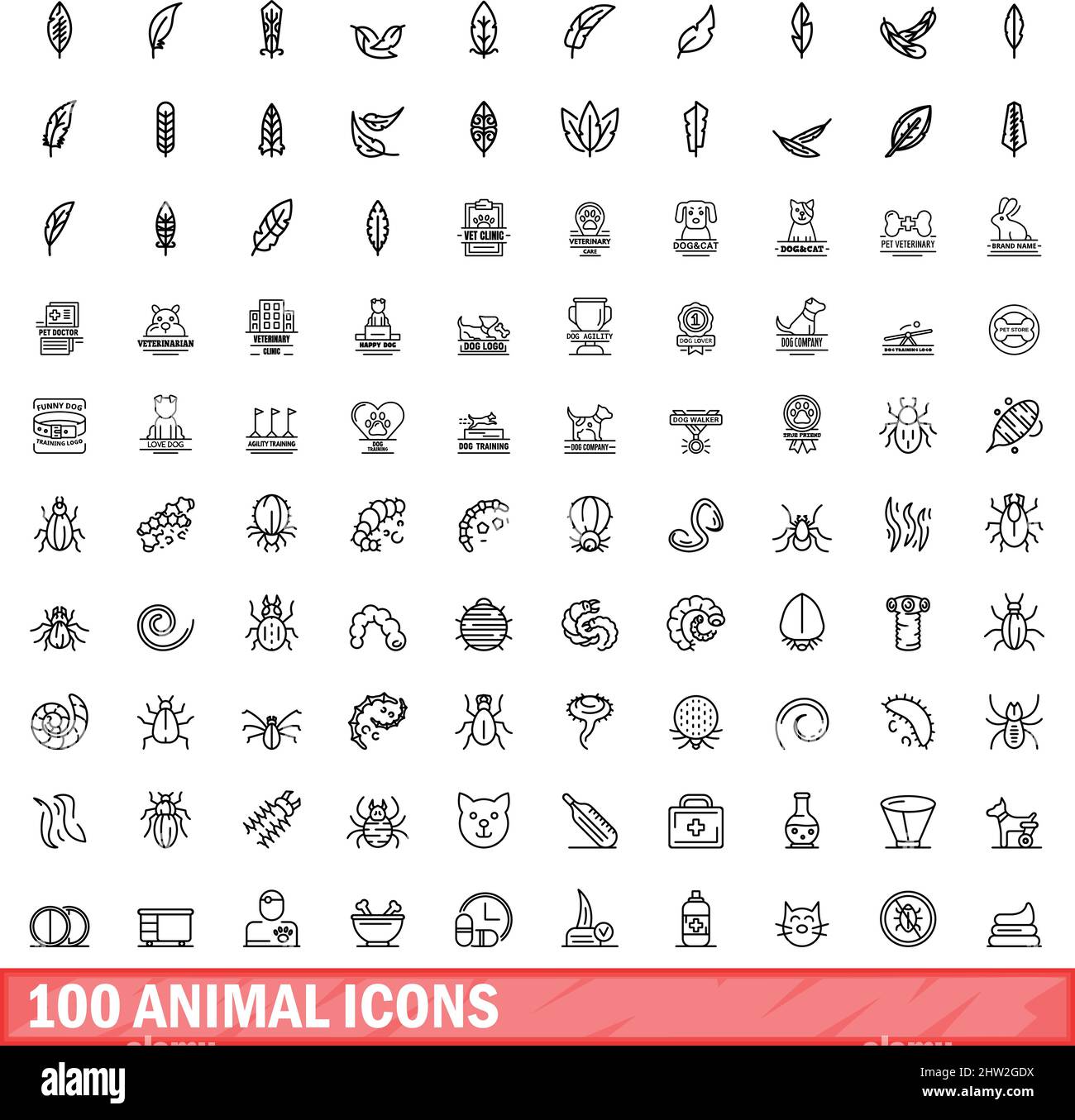 100 animal icons set. Outline illustration of 100 animal icons vector set isolated on white background Stock Vector