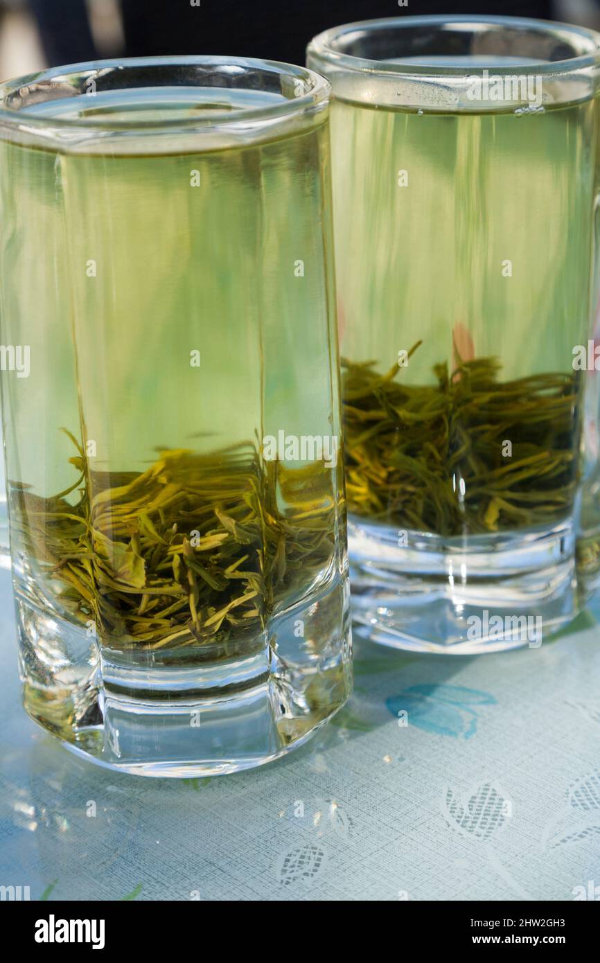 Freshly made infusion of China tea; boiling water poured from a teapot of hot water into thick