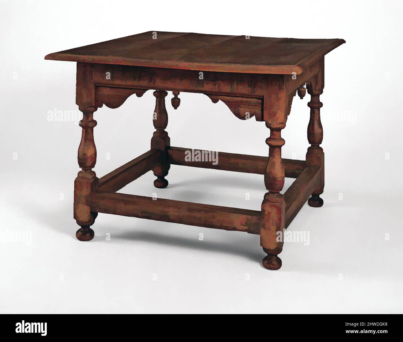 Art inspired by Table, 1680–1710, Probably made in Boston, Massachusetts, United States, American, Soft maple, eastern white pine, ash, red oak, 29 1/2 x 39 1/2 x 41 1/2 in. (74.9 x 100.3 x 105.4 cm), Furniture, The square table is heavy and foursquare in the earlier seventeenth-, Classic works modernized by Artotop with a splash of modernity. Shapes, color and value, eye-catching visual impact on art. Emotions through freedom of artworks in a contemporary way. A timeless message pursuing a wildly creative new direction. Artists turning to the digital medium and creating the Artotop NFT Stock Photo