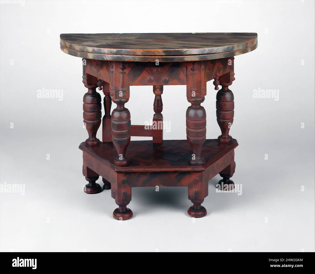 Art inspired by Folding table, 1680–85, Made in Essex County, Massachusetts, United States, American, Painted white oak, soft maple, 27 1/2 x 36 3/8 x 35 3/8 in. (69.9 x 92.4 x 89.9 cm), Furniture, The heavy balusters and applied bosses on this table may indicate that it was produced, Classic works modernized by Artotop with a splash of modernity. Shapes, color and value, eye-catching visual impact on art. Emotions through freedom of artworks in a contemporary way. A timeless message pursuing a wildly creative new direction. Artists turning to the digital medium and creating the Artotop NFT Stock Photo