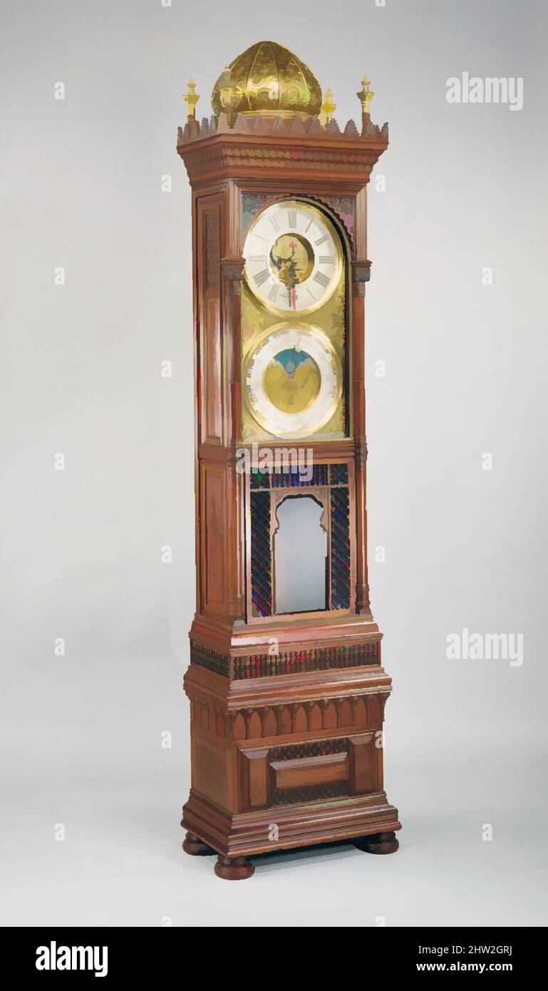 Art inspired by Tall Clock, ca. 1882–85, Made in New York, New York, United States, American, Mahogany, brass, metal, 105 x 23 1/2 x 13 in. (266.7 x 59.7 x 33 cm), Furniture, Tiffany & Co. (1837–present, Classic works modernized by Artotop with a splash of modernity. Shapes, color and value, eye-catching visual impact on art. Emotions through freedom of artworks in a contemporary way. A timeless message pursuing a wildly creative new direction. Artists turning to the digital medium and creating the Artotop NFT Stock Photo
