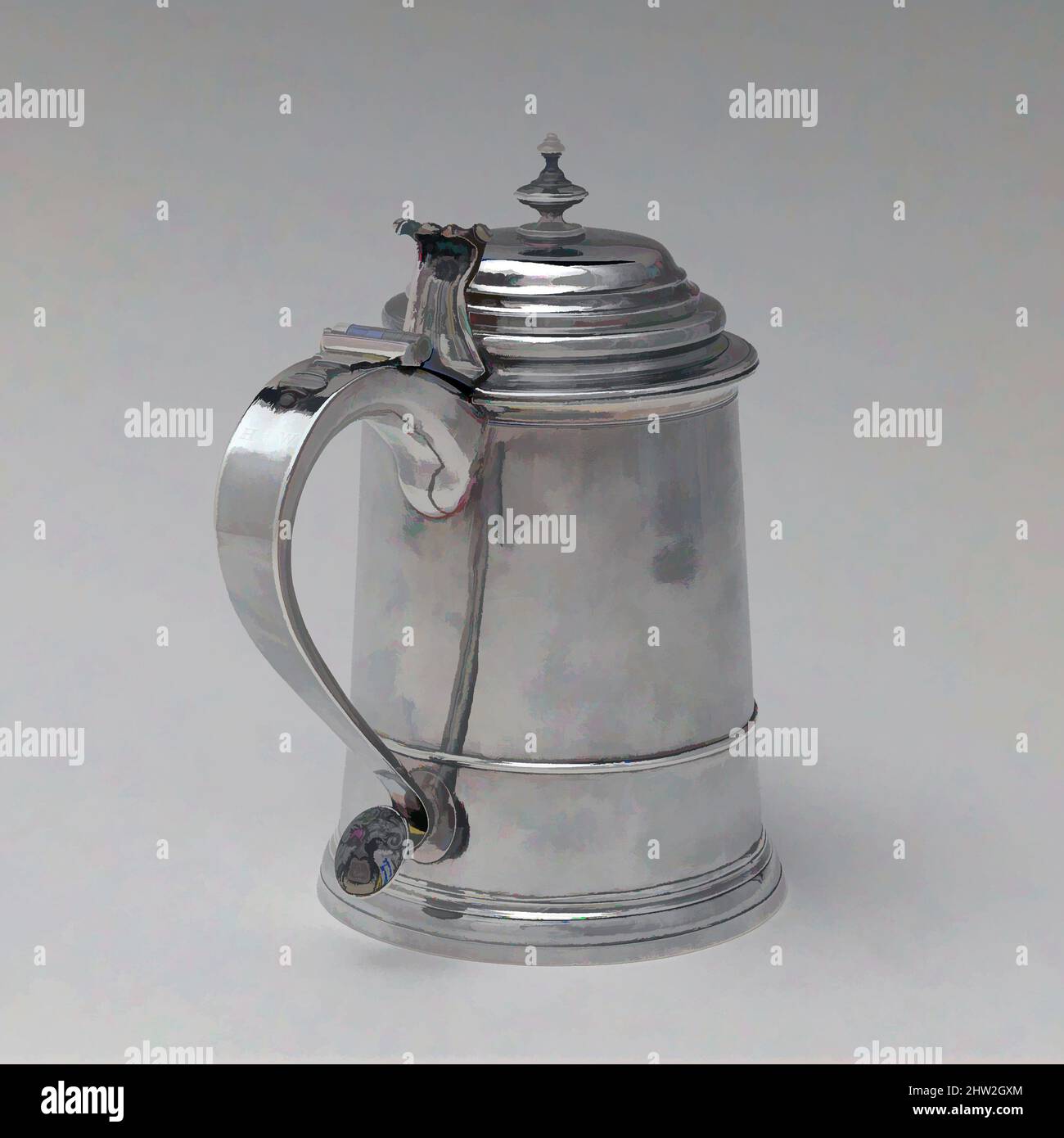 Art inspired by Tankard, ca5, Made in Boston, Massachusetts, United States, American, Silver, Overall: 7 7/8 x 6 15/16 in. (20 x 17.6 cm); 24 oz. 16 dwt. (771 g), Silver, John Burt (1692/93–1745/46, Classic works modernized by Artotop with a splash of modernity. Shapes, color and value, eye-catching visual impact on art. Emotions through freedom of artworks in a contemporary way. A timeless message pursuing a wildly creative new direction. Artists turning to the digital medium and creating the Artotop NFT Stock Photo