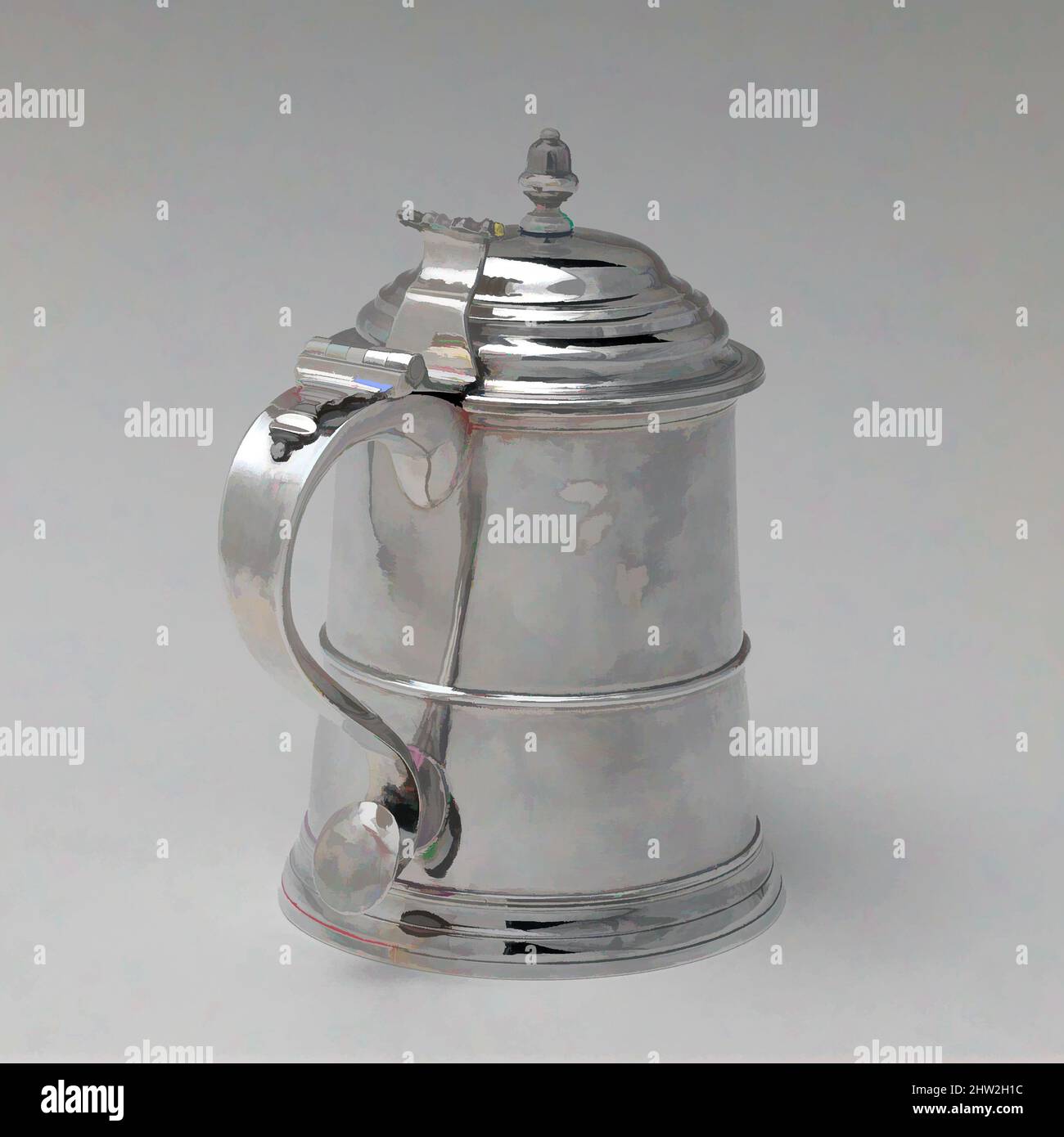 Art inspired by Tankard, ca. 1785–95, Possibly made in Boston, Massachusetts, United States, American, Silver, Overall: 8 1/16 x 7 1/8 in. (20.5 x 18.1 cm); 29 oz. 19 dwt. (931.2 g), Silver, Possibly by David Tyler (1760–1804, Classic works modernized by Artotop with a splash of modernity. Shapes, color and value, eye-catching visual impact on art. Emotions through freedom of artworks in a contemporary way. A timeless message pursuing a wildly creative new direction. Artists turning to the digital medium and creating the Artotop NFT Stock Photo