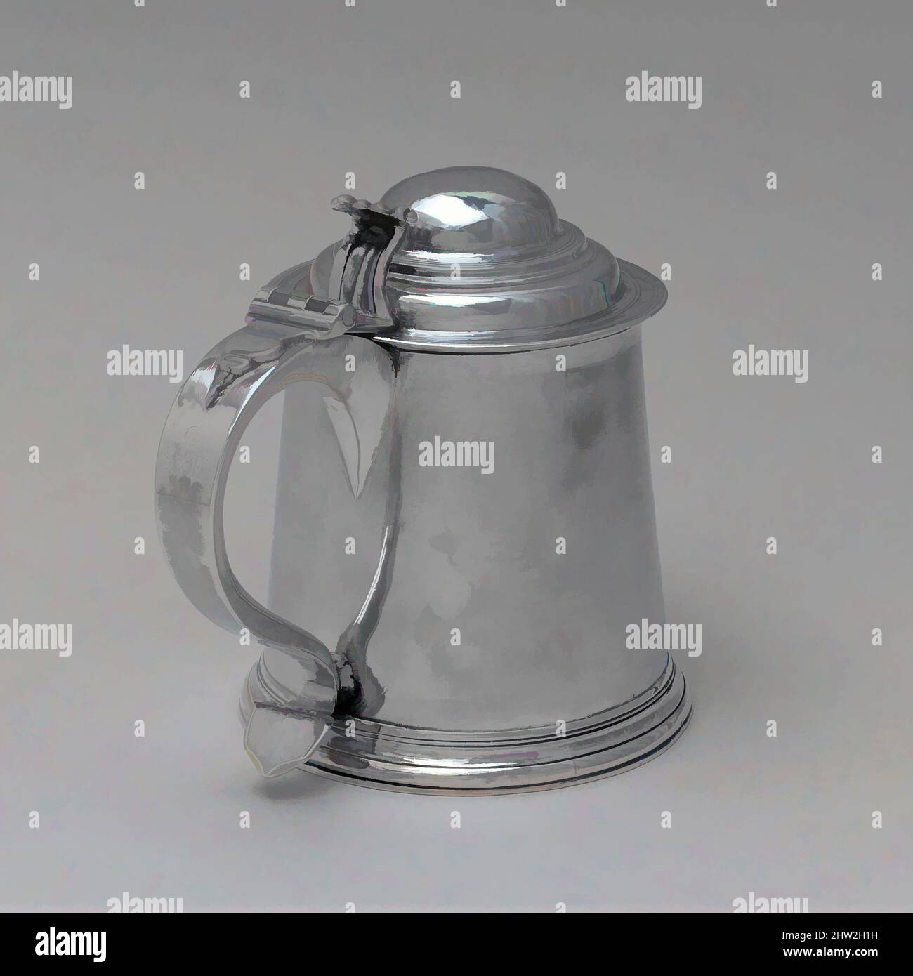Art inspired by Tankard, 1730–50, Made in Philadelphia, Pennsylvania, United States, American, Silver, Overall: 7 1/16 x 8 1/8 in. (17.9 x 20.6 cm); 34 oz. 4 dwt. (1063.1 g), Silver, Philip Syng Jr. (1703–1789, Classic works modernized by Artotop with a splash of modernity. Shapes, color and value, eye-catching visual impact on art. Emotions through freedom of artworks in a contemporary way. A timeless message pursuing a wildly creative new direction. Artists turning to the digital medium and creating the Artotop NFT Stock Photo